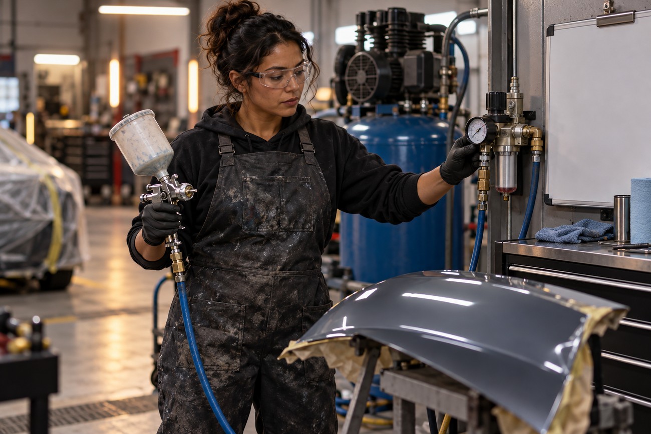 A female mechanic wearing safety glasses and overalls adjusts the pressure gauge on an air compressor system next to a spray paint gun