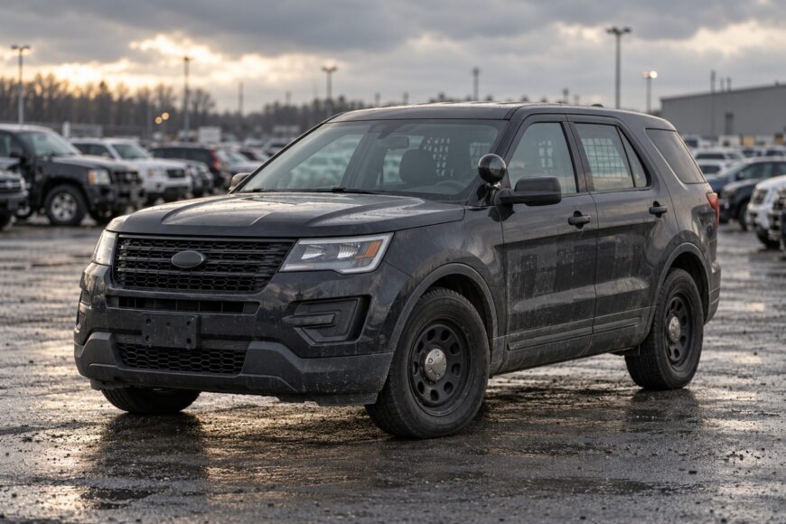 A black Ford Explorer Police Interceptor parked in a wet auction lot surrounded by other vehicles