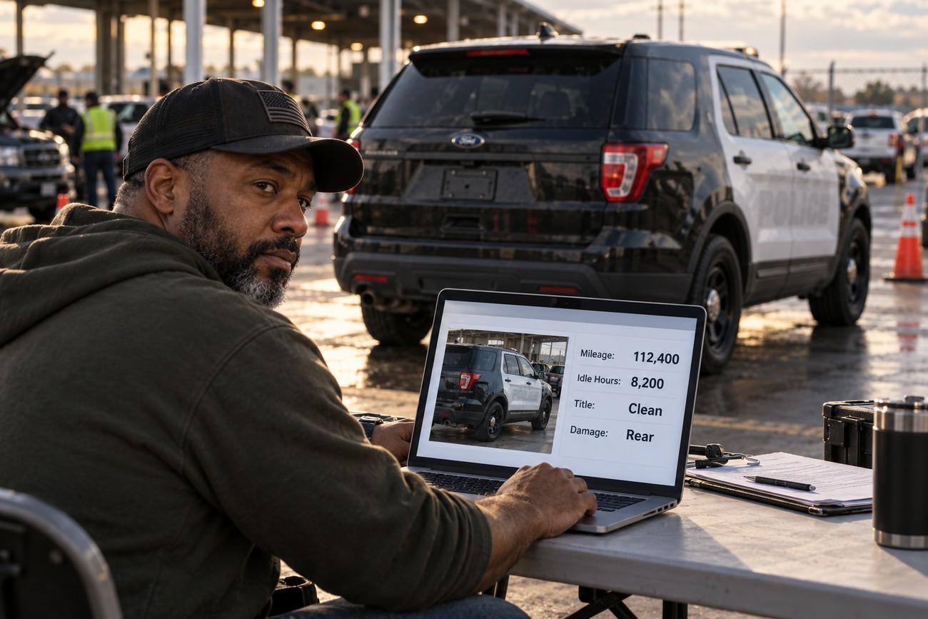 A man looking back while checking auction details of a Ford Explorer Police Interceptor on a laptop