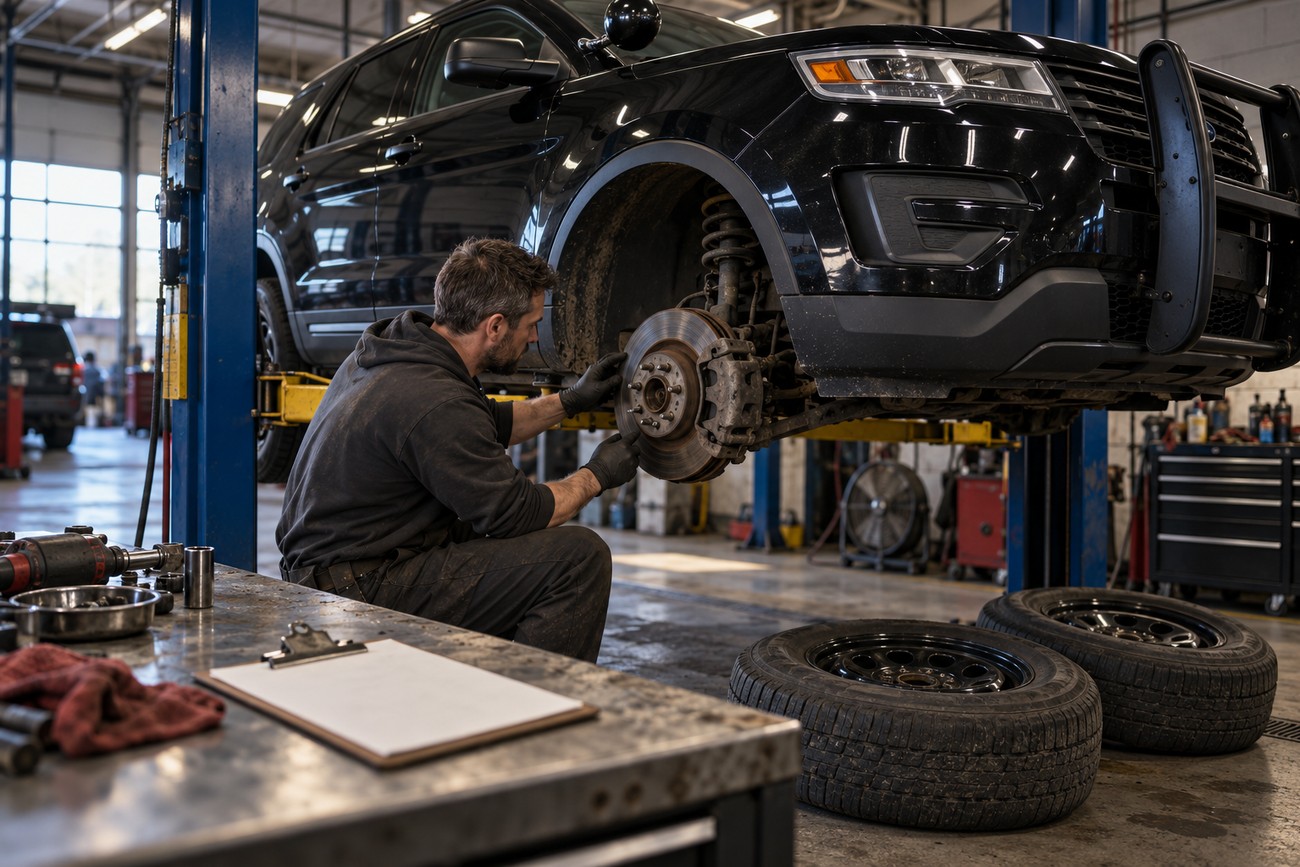 Mechanic wearing gloves inspects the brake disc of a black Ford Explorer Interceptor lifted on a hydraulic hoist in a garage