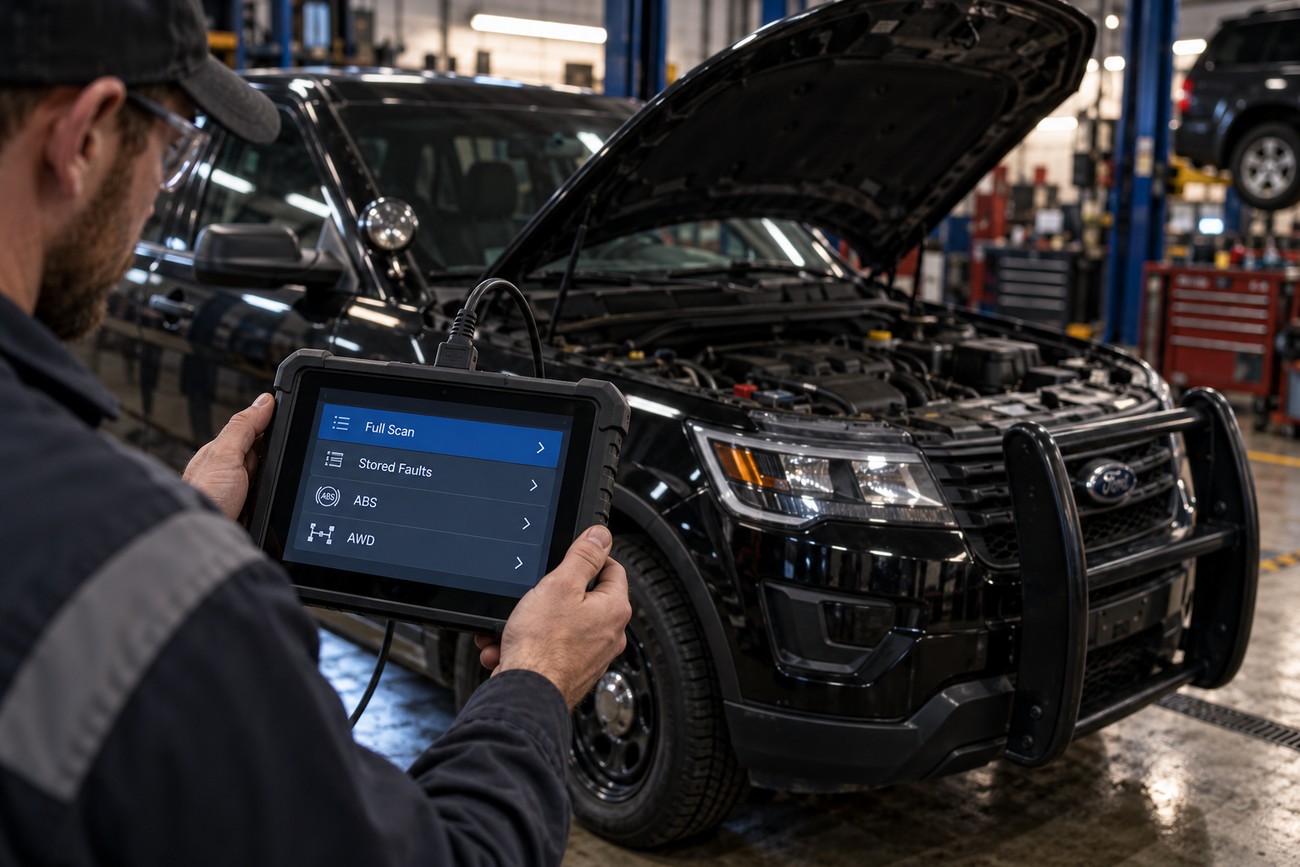 Mechanic holding a diagnostic tablet running a system scan on a black police auction Ford Explorer Interceptor