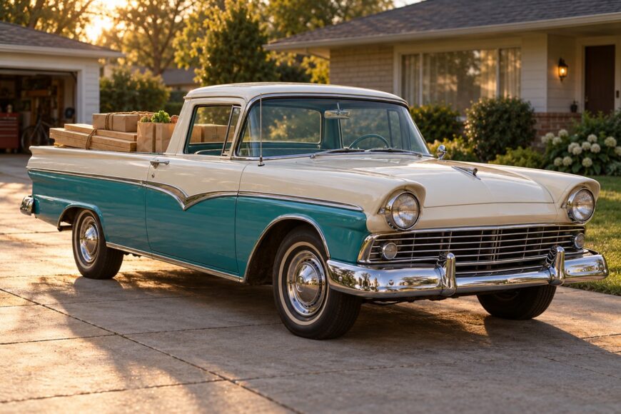 A vintage two-tone turquoise and white Ford Ranchero coupe utility parked in a suburban driveway carrying wooden planks and bags in its truck bed