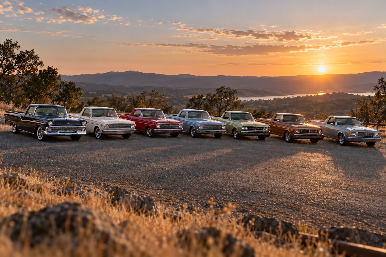Seven classic Ford Ranchero coupe utility vehicles parked in a row on a scenic overlook during sunset