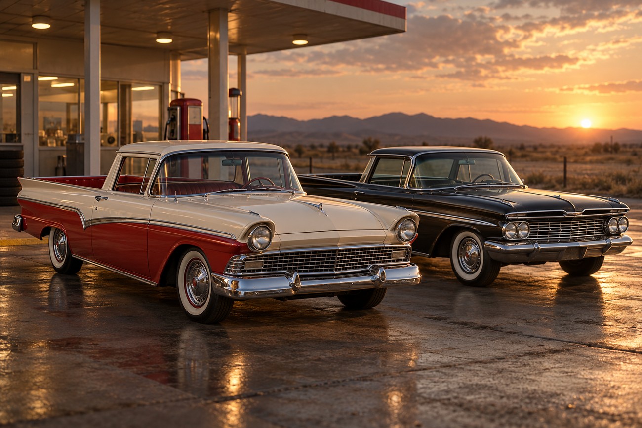 Two classic coupe utility trucks a red and white Ford Ranchero and a black Chevrolet El Camino parked at a vintage gas station during a desert sunset