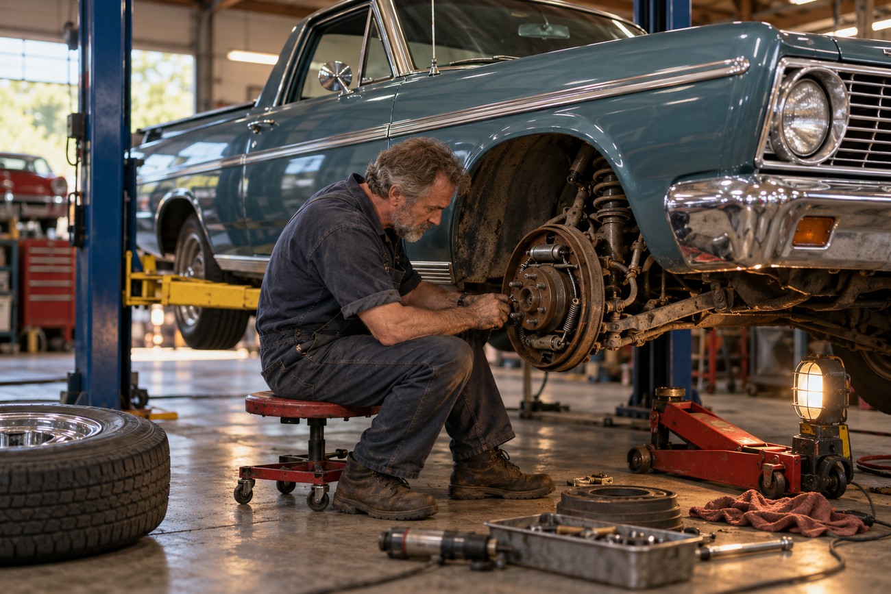 A mechanic in coveralls sitting on a rolling stool and repairing the front wheel assembly of a classic blue Ford Ranchero lifted on a hoist in a workshop