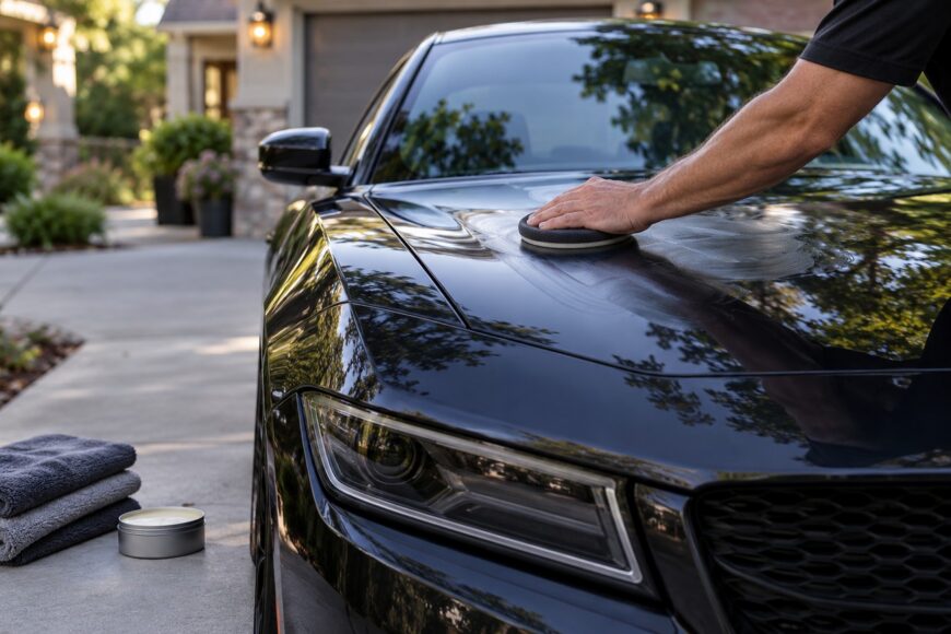 A person applying car wax with a foam pad on the hood of a dark car in a driveway