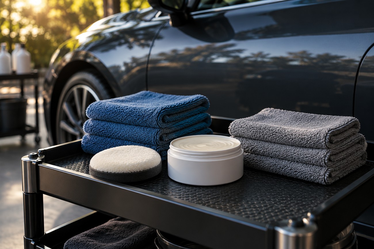 A jar of car wax, an applicator pad, and folded microfiber towels arranged on a utility cart next to a dark car