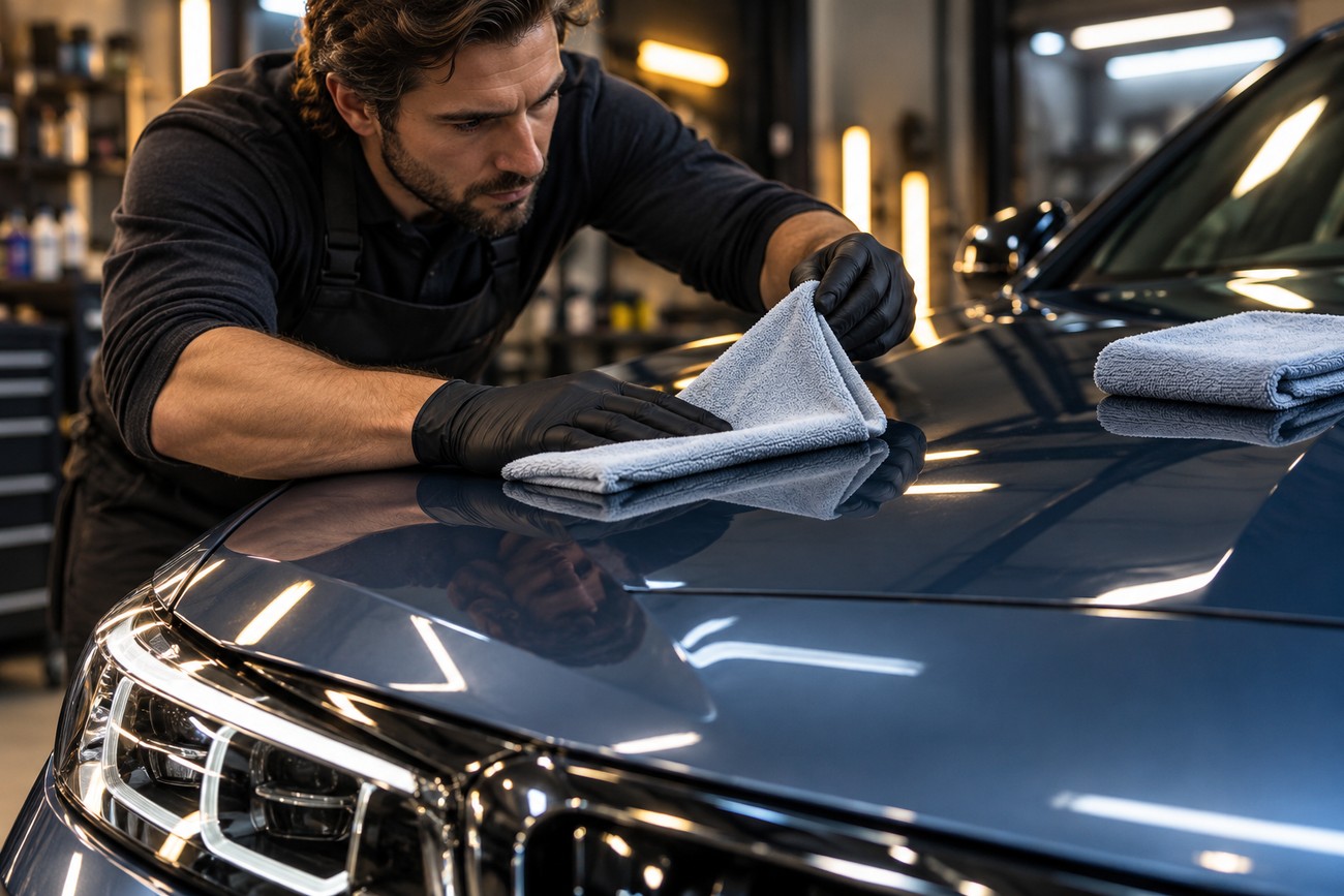 A man in black gloves uses a microfiber towel to hand wax and buff the shiny hood of a blue car in a garage