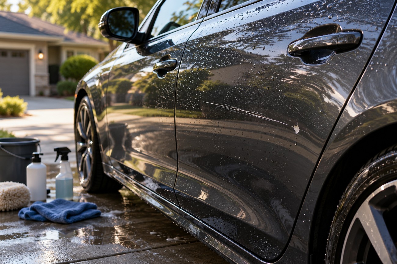Side profile of a wet dark grey car parked in a driveway with detailing supplies on the ground