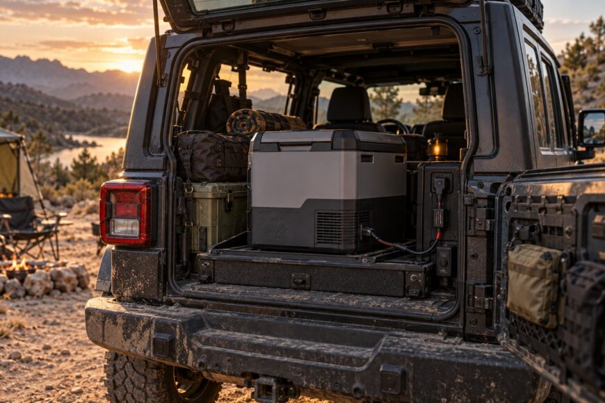 A portable refrigerator plugged in and running securely inside the open trunk of a Jeep Wrangler parked at a campsite during sunset