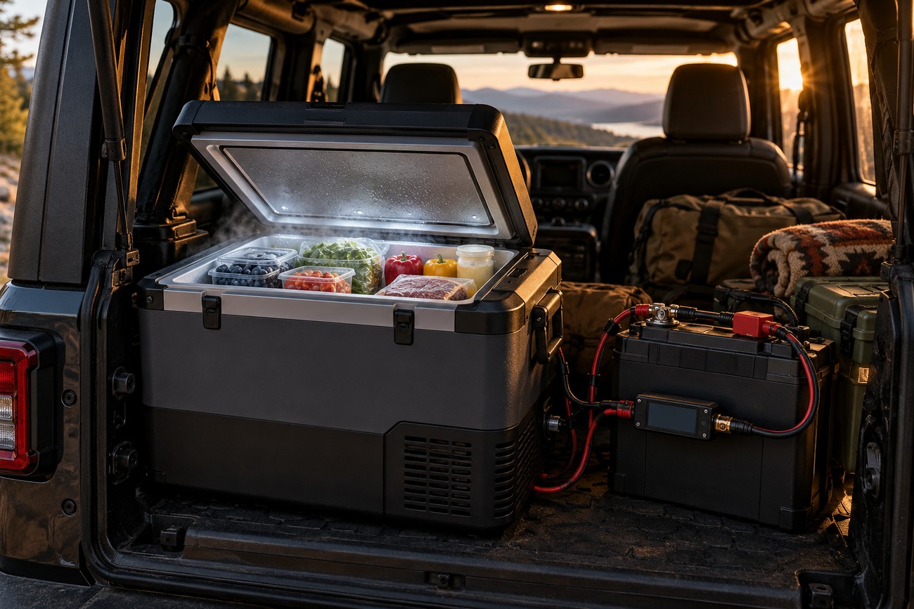 A portable refrigerator with an open lid containing food is connected to a battery pack in the trunk of a Jeep Wrangler