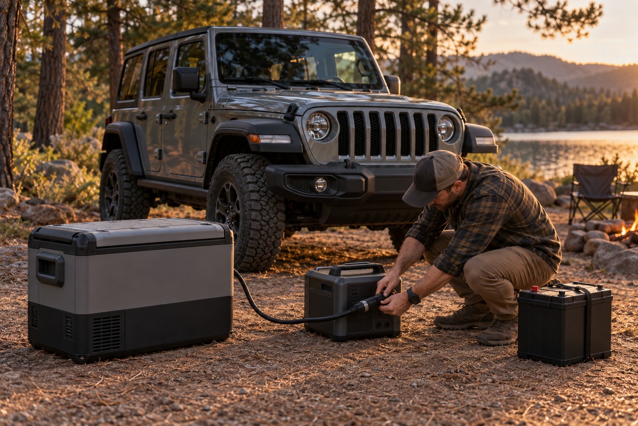 Man connecting a power cable to a portable power station next to a fridge and a Jeep Wrangler at a campsite