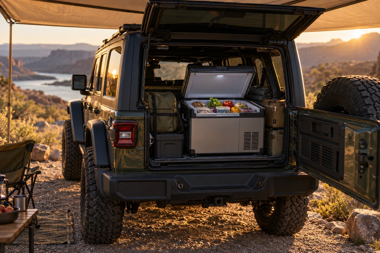An open portable refrigerator stocked with food sits inside the trunk of a dark green Jeep Wrangler parked by a lake at sunset