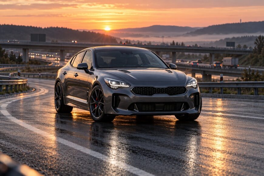 A dark gray Kia Stinger GT parked on a wet highway in Germany during a golden sunset