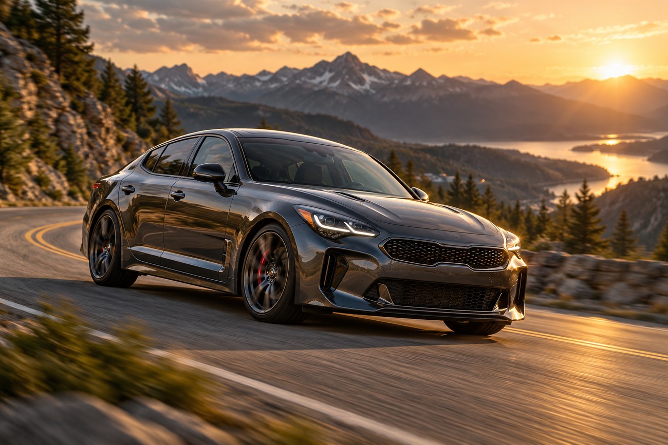 A dark grey Kia Stinger GT driving fast on a winding mountain road during sunset
