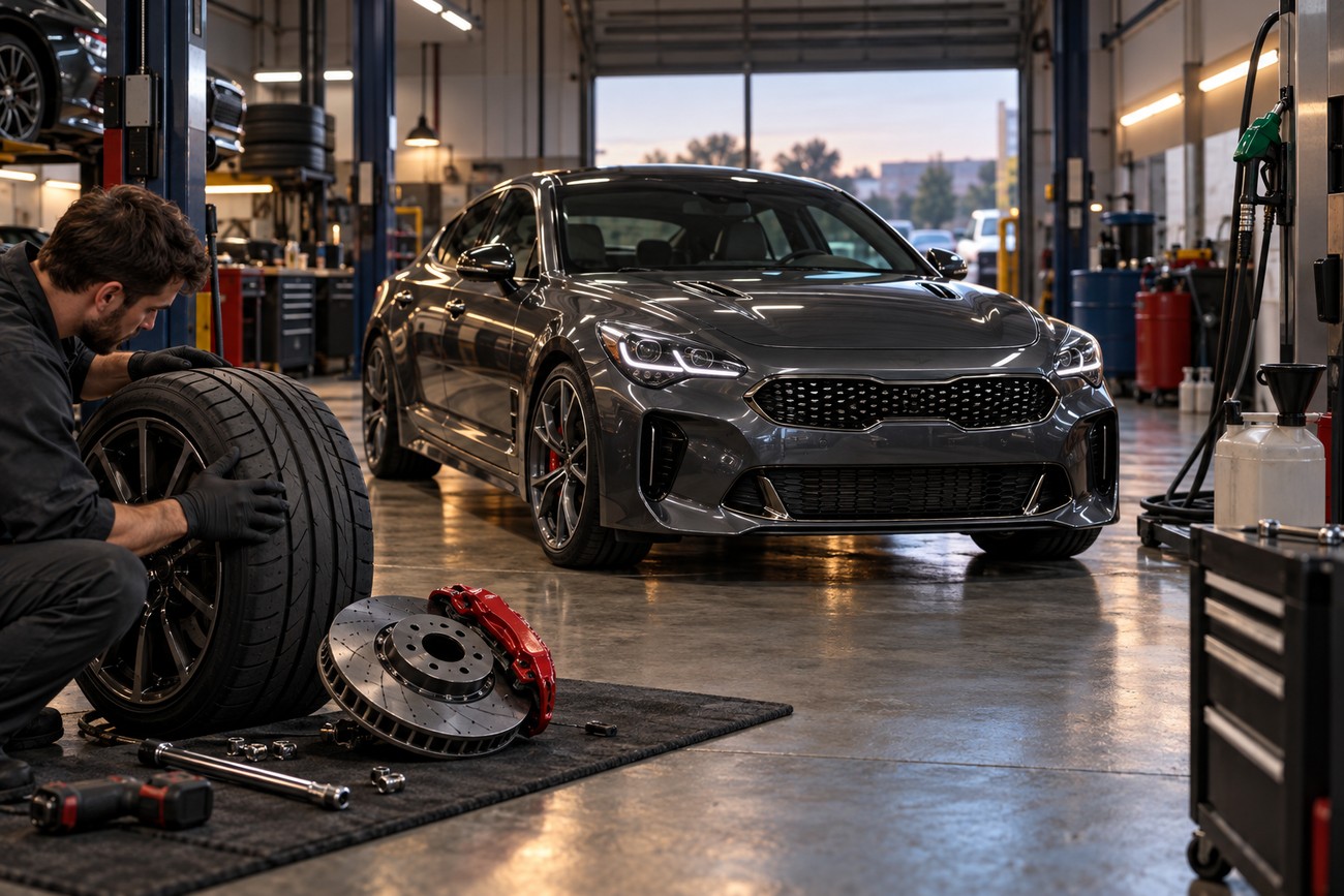 Mechanic working on a wheel and brake system next to a gray Kia Stinger GT parked inside a professional repair shop