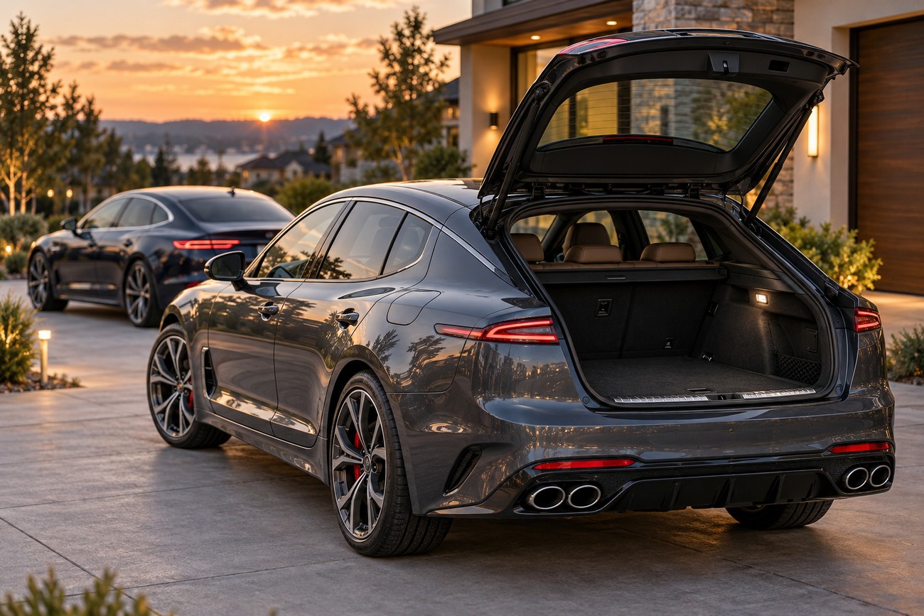 Dark gray Kia Stinger GT sports sedan parked in a driveway with its trunk open at sunset
