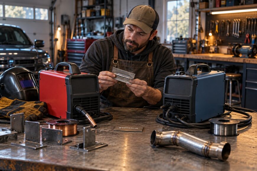 A bearded man wearing a cap and apron inspects a welded metal coupon sitting between a red and a blue MIG welder in a garage workshop