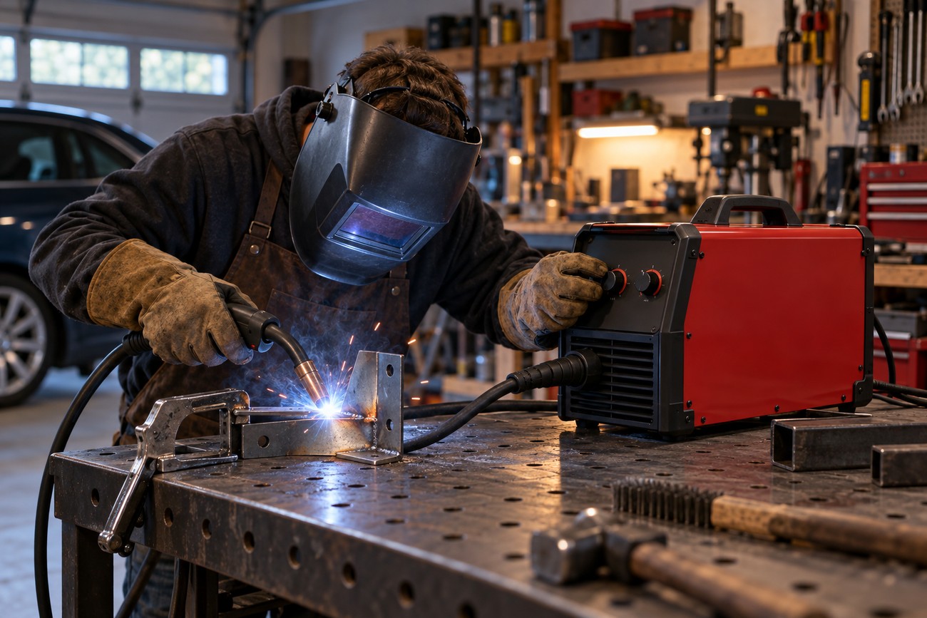 Hobbyist wearing protective gear and welding helmet using a MIG welder in a workshop