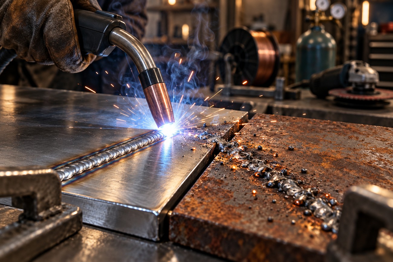 Close-up of a gloved hand using a MIG welding gun to join metal plates with bright sparks