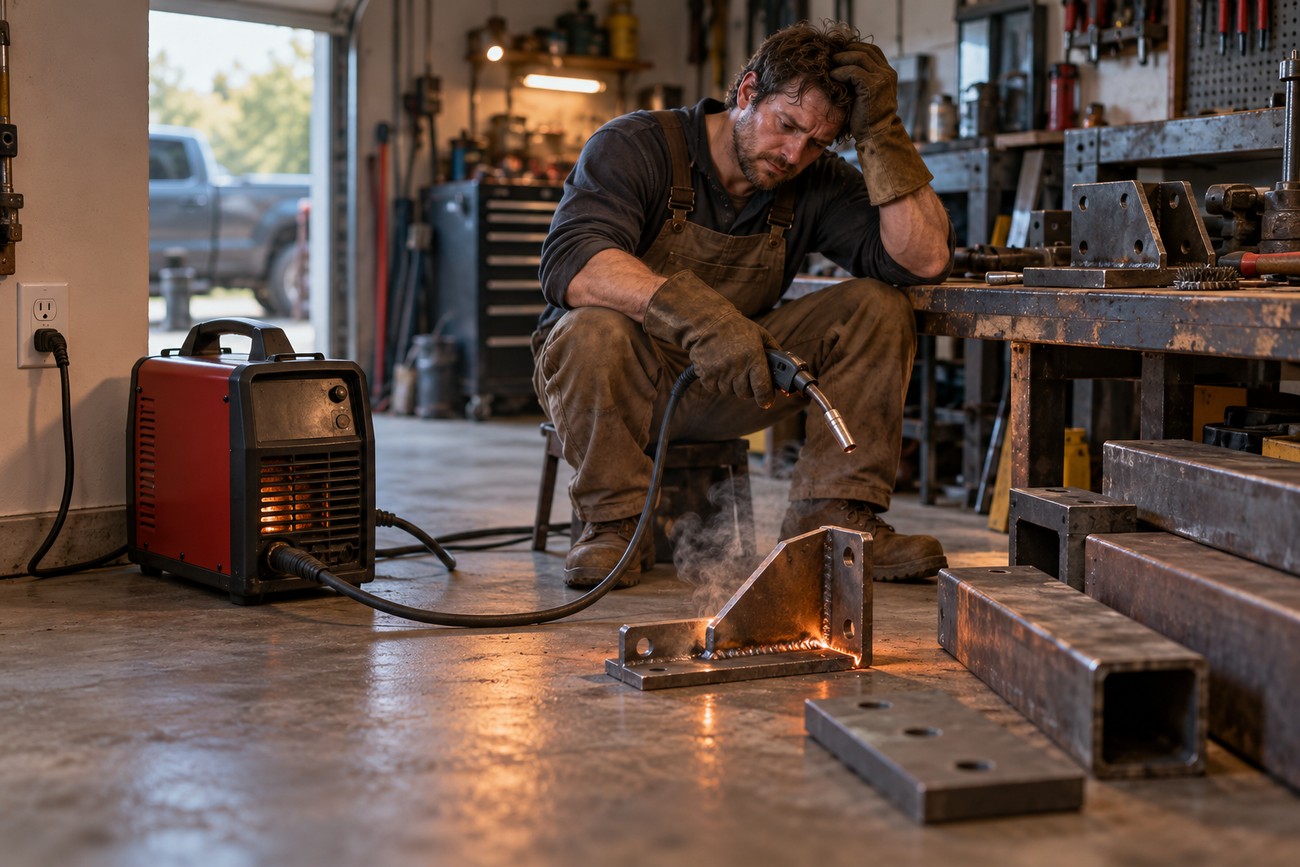A frustrated male hobbyist in work clothes sits in a workshop holding a MIG welding gun near a metal workpiece