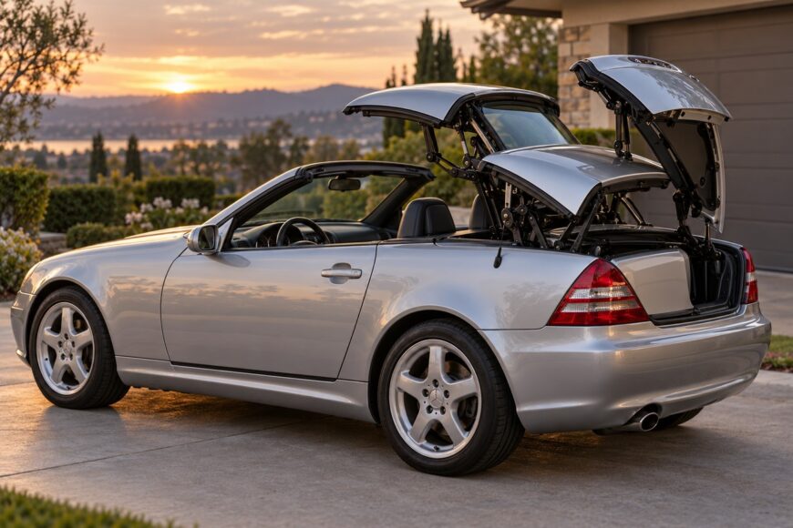 Silver Mercedes Benz SLK R170 roadster with its retractable Vario Roof mechanism partially open at sunset