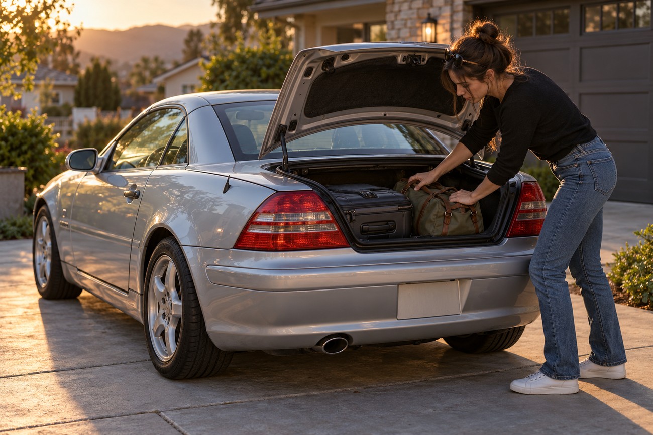 A woman in jeans and a dark sweater loads travel bags into the open trunk of a silver Mercedes SLK R170 roadster parked in a residential driveway