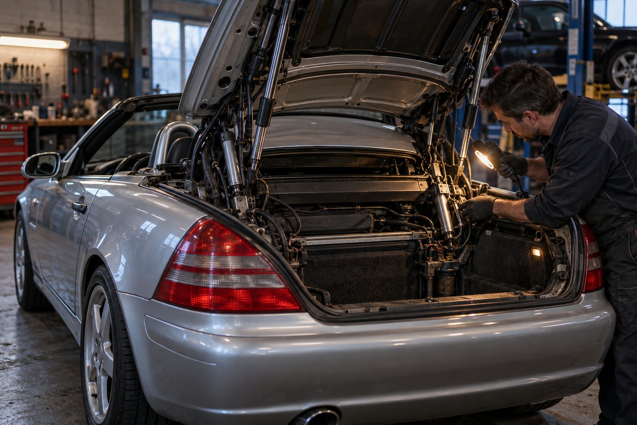 A mechanic inspecting the hydraulic Vario Roof mechanism inside the open trunk of a silver Mercedes SLK R170 in a workshop