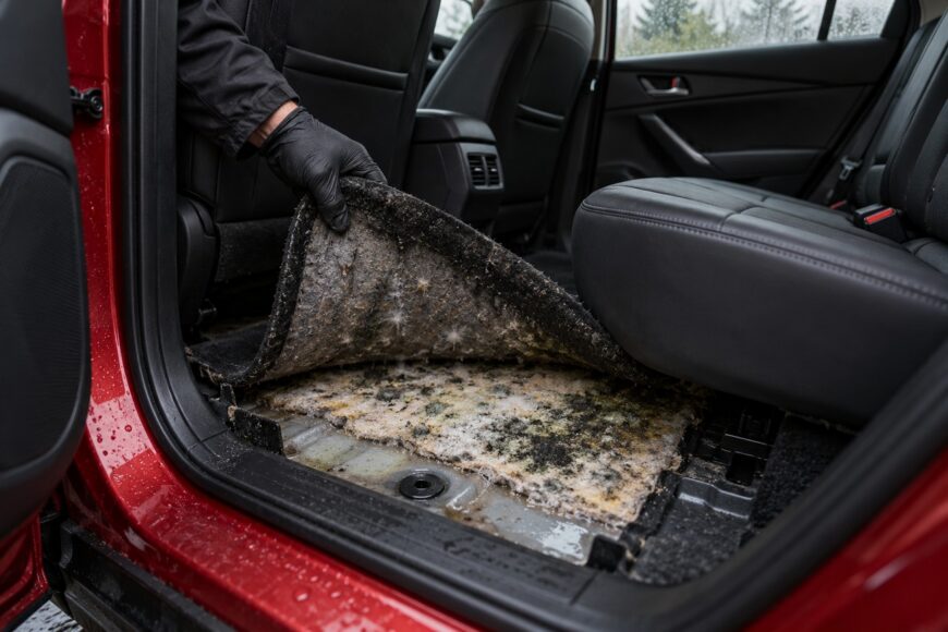 A person in black gloves lifting a car floor mat to reveal extensive mold growth on the wet insulation inside a Mazda CX-5