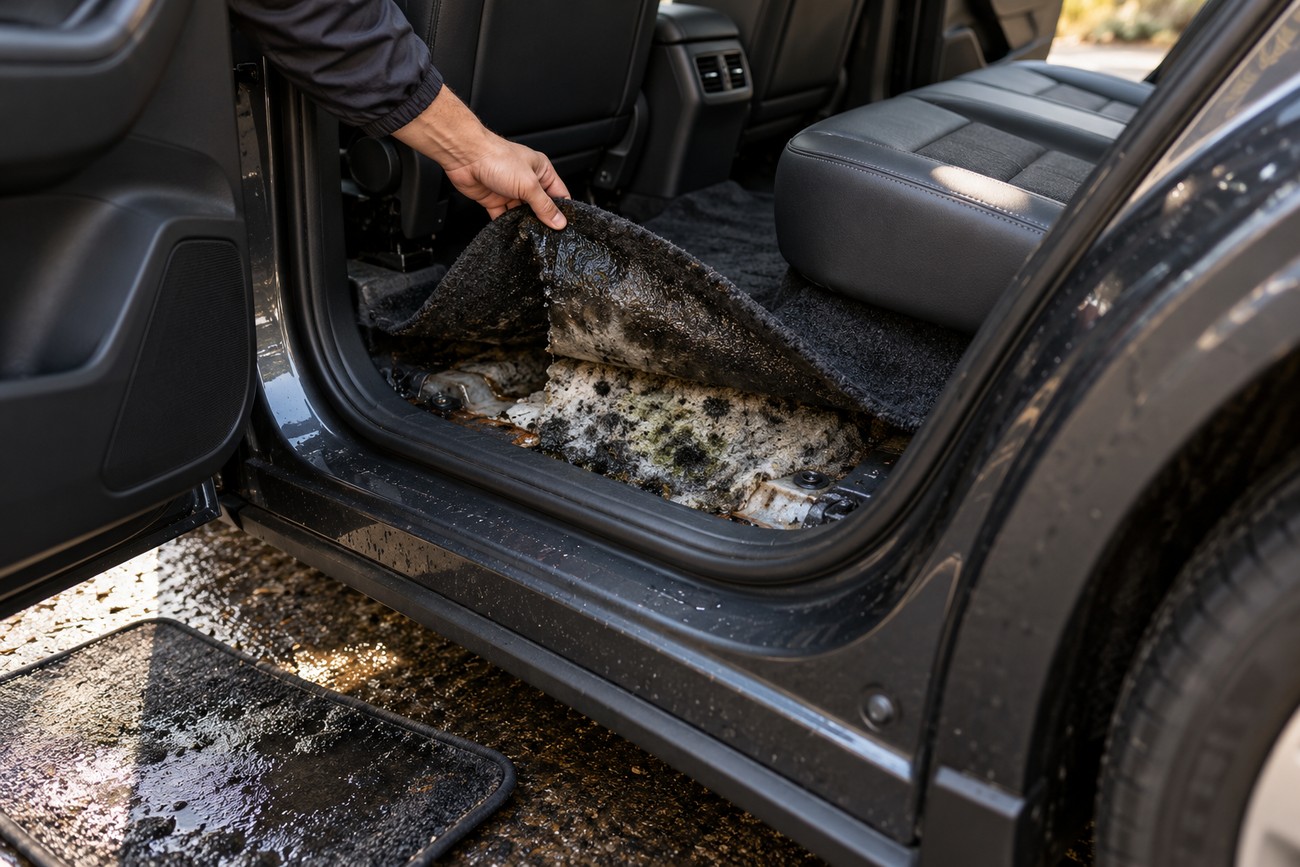 A person lifting the wet carpet in the back seat of a Mazda CX-5 to reveal mold growing underneath