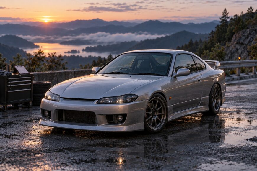 Silver Nissan Silvia S15 parked on a wet mountain overlook at sunrise with scenic hills and a lake in the background