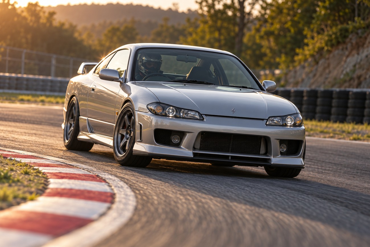 Silver Nissan Silvia S15 sports car navigating a corner on a racetrack at sunset