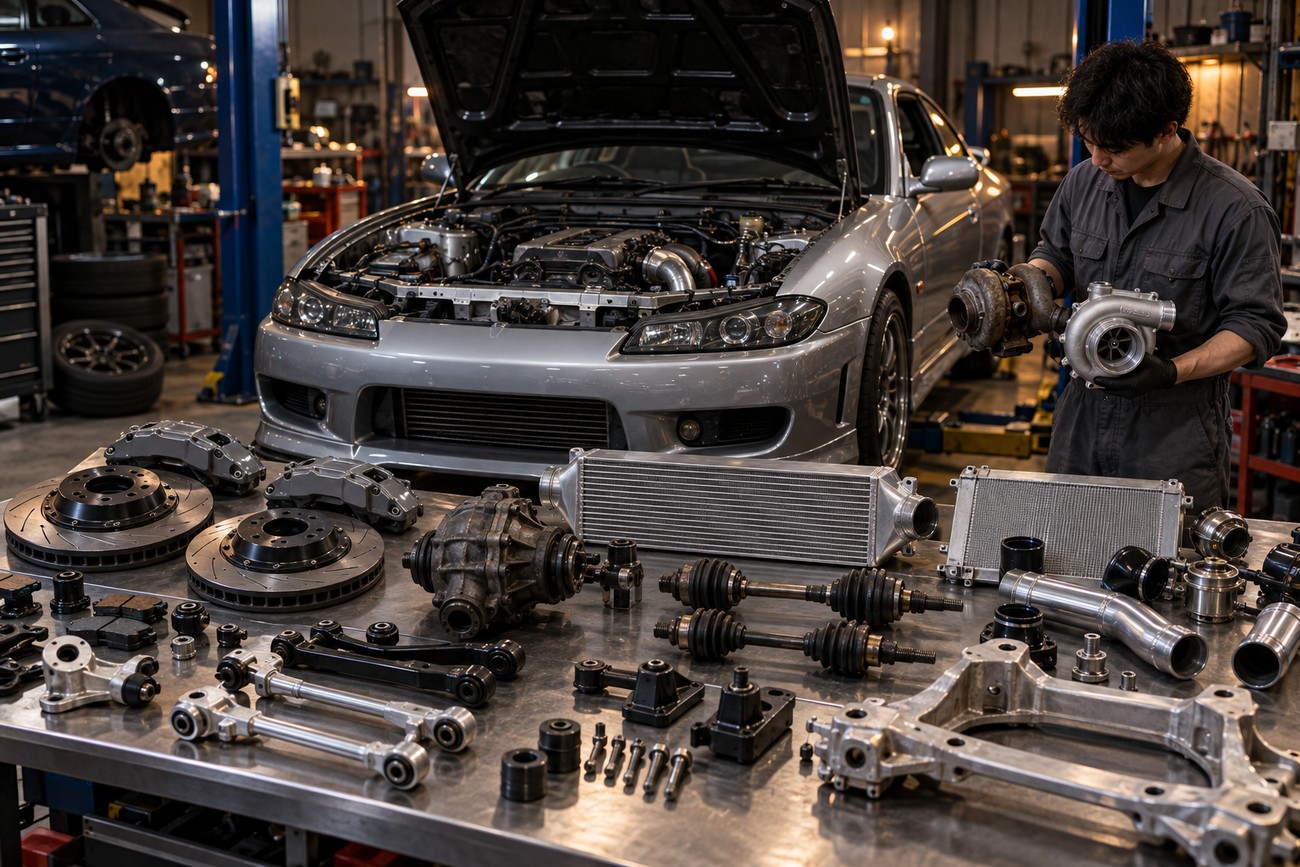 Mechanic holding a turbocharger near a silver Nissan Silvia S15 with various tuning parts on a workbench