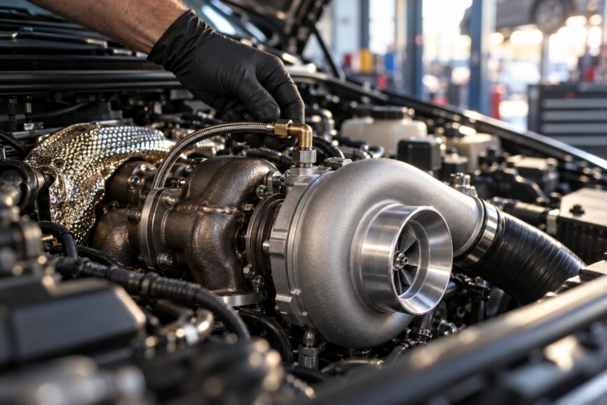 A mechanic wearing black gloves carefully checks the turbocharger installation inside a car engine bay