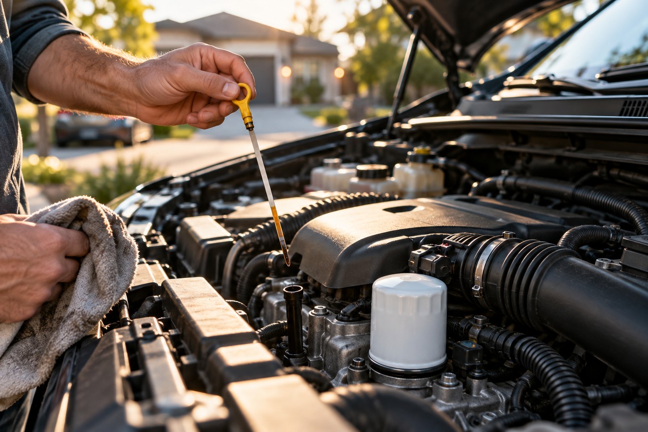 A man holding a clean rag and checking the engine oil level with a yellow dipstick under an open car hood