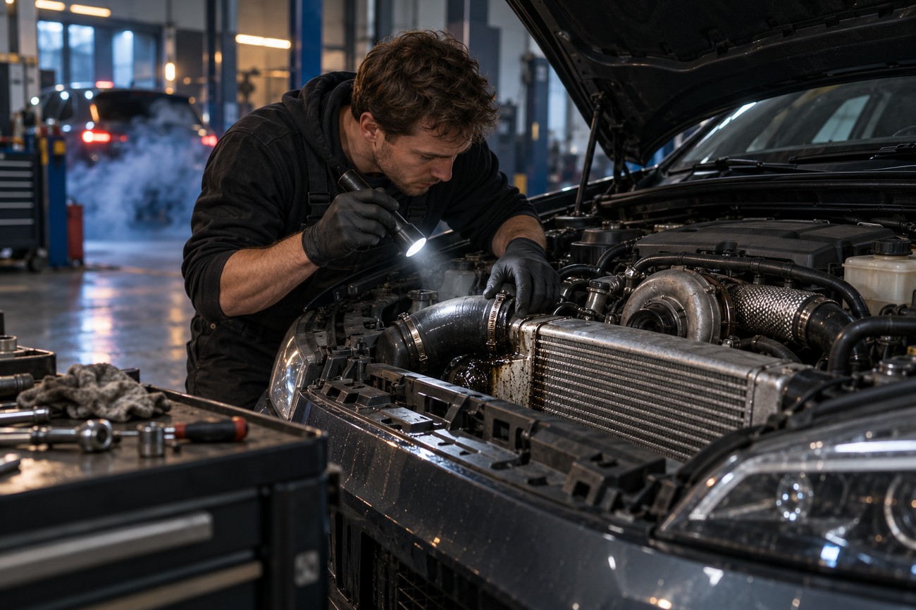 A mechanic wearing gloves shines a flashlight into the engine bay to inspect a turbocharger component
