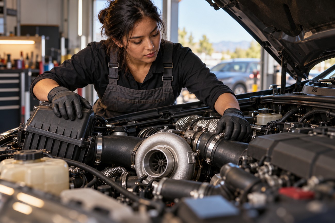 Female mechanic in overalls and gloves inspecting a turbocharger inside a car engine bay at a repair shop