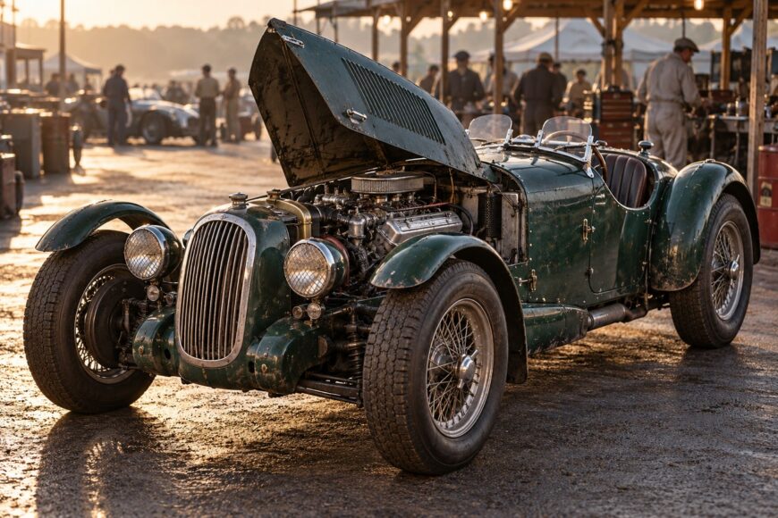 Dark green vintage Allard J2 race car with open hood exposing its Cadillac engine parked in a paddock