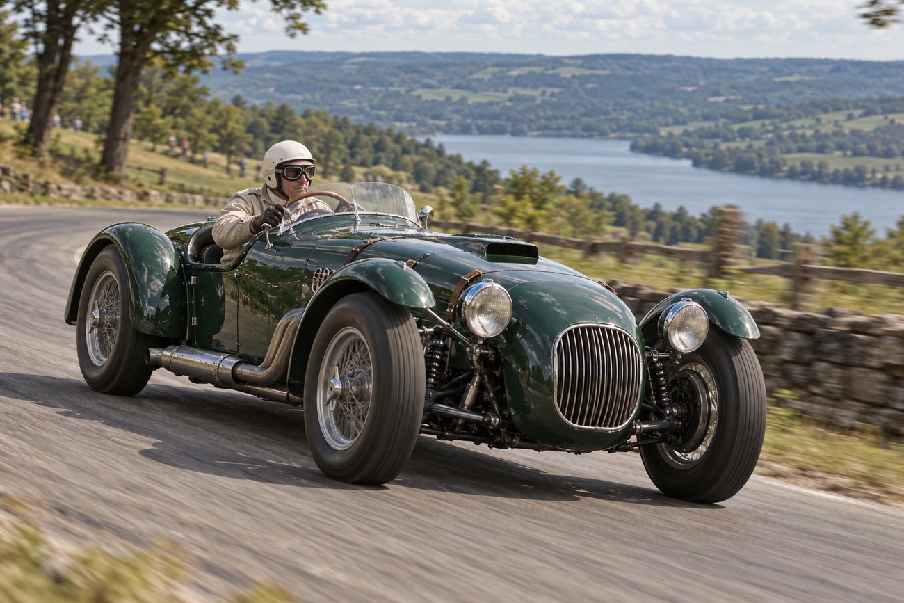 A driver wearing a white helmet and goggles drives a vintage dark green Allard J2 race car along a winding road near a lake