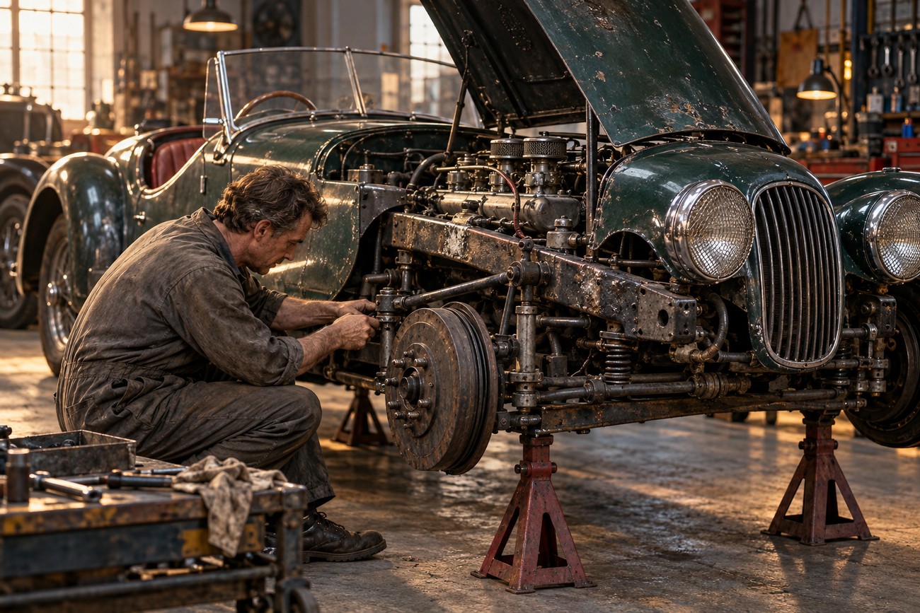 Mechanic repairing the suspension of a classic green Allard J2 race car raised on jack stands in a workshop