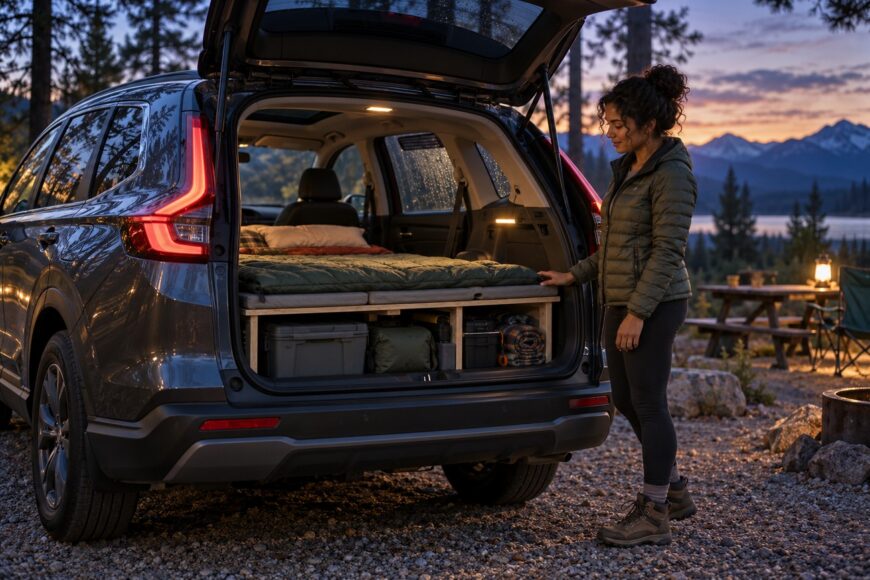 A woman standing by the open trunk of a Honda CR-V equipped with a sleeping mattress and storage platform at a campsite during sunset