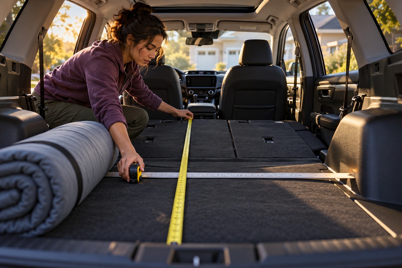 A woman uses a tape measure inside the back of a Honda CR-V to measure the dimensions for a camping setup