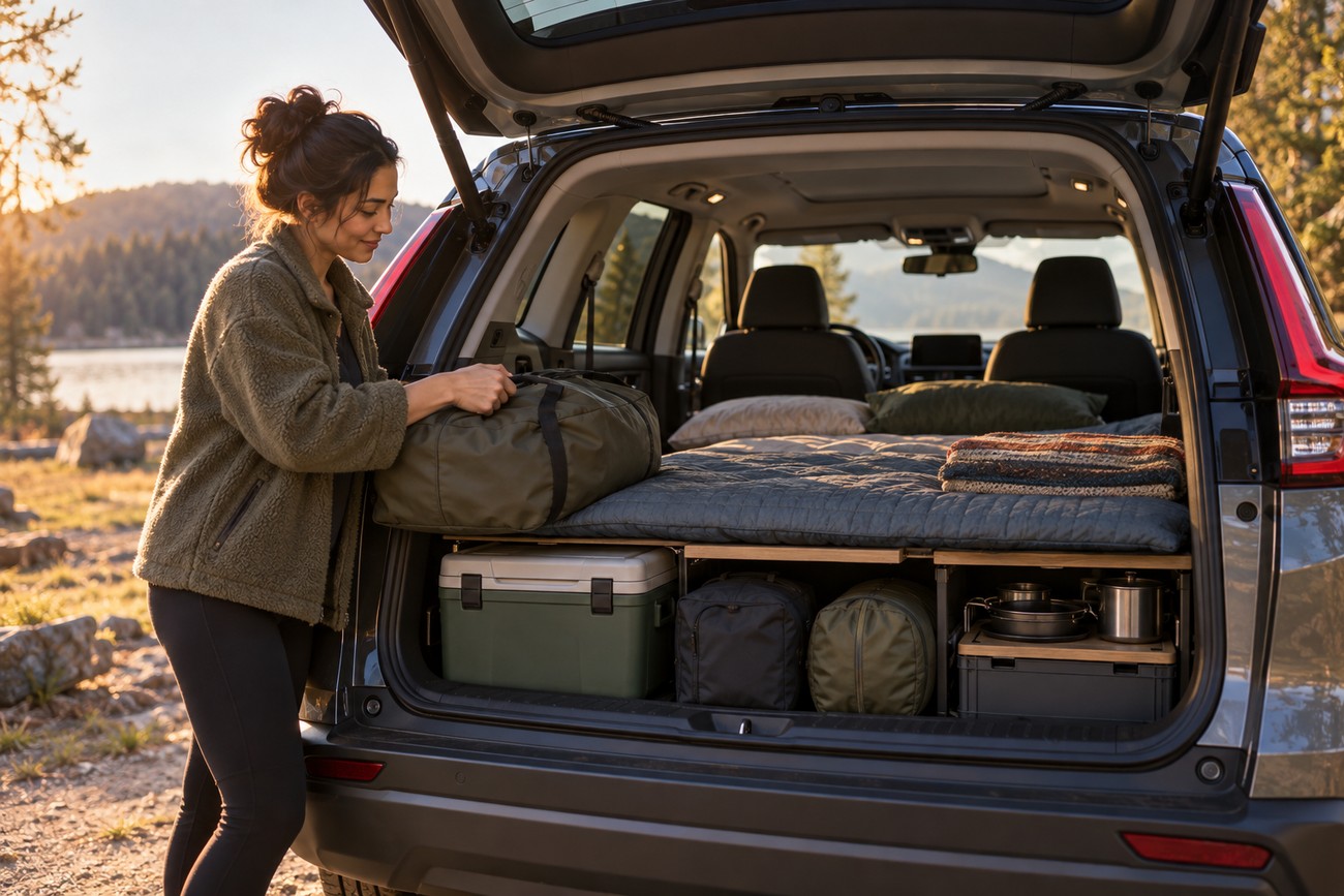 A woman packing gear into the trunk of a Honda CR-V outfitted with a mattress and storage compartments for camping
