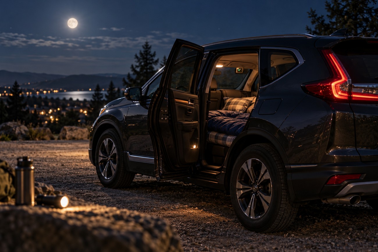 A dark Honda CR-V parked on a dirt viewpoint at night with doors open showing a prepared bed inside under a full moon