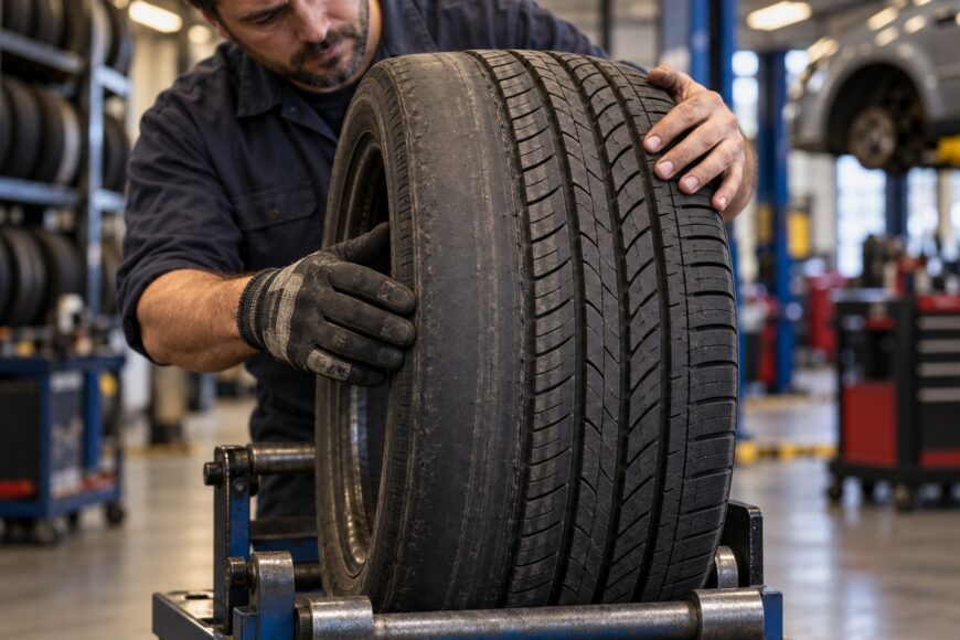 Mechanic examining a worn car tire on a stand in an auto repair shop