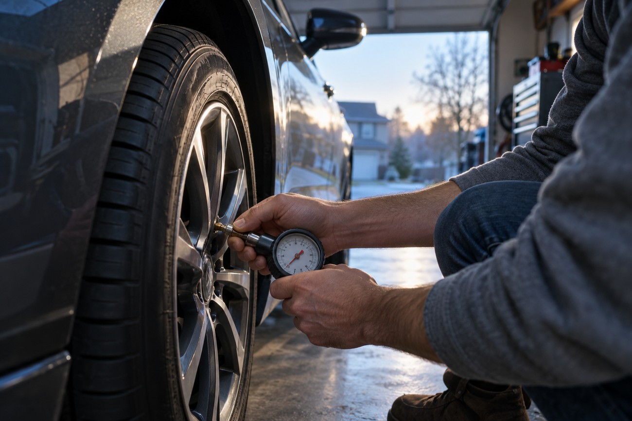A man crouching beside a car in a garage checking the tire pressure with a gauge