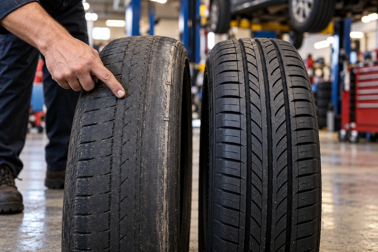 A mechanic in an auto repair shop points at severe uneven tread wear on a worn car tire standing next to a new one