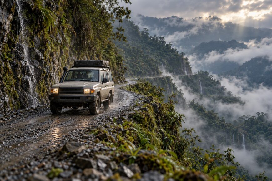 A silver Toyota Land Cruiser driving along a wet and narrow cliffside dirt track with waterfalls and misty mountains in Bolivia