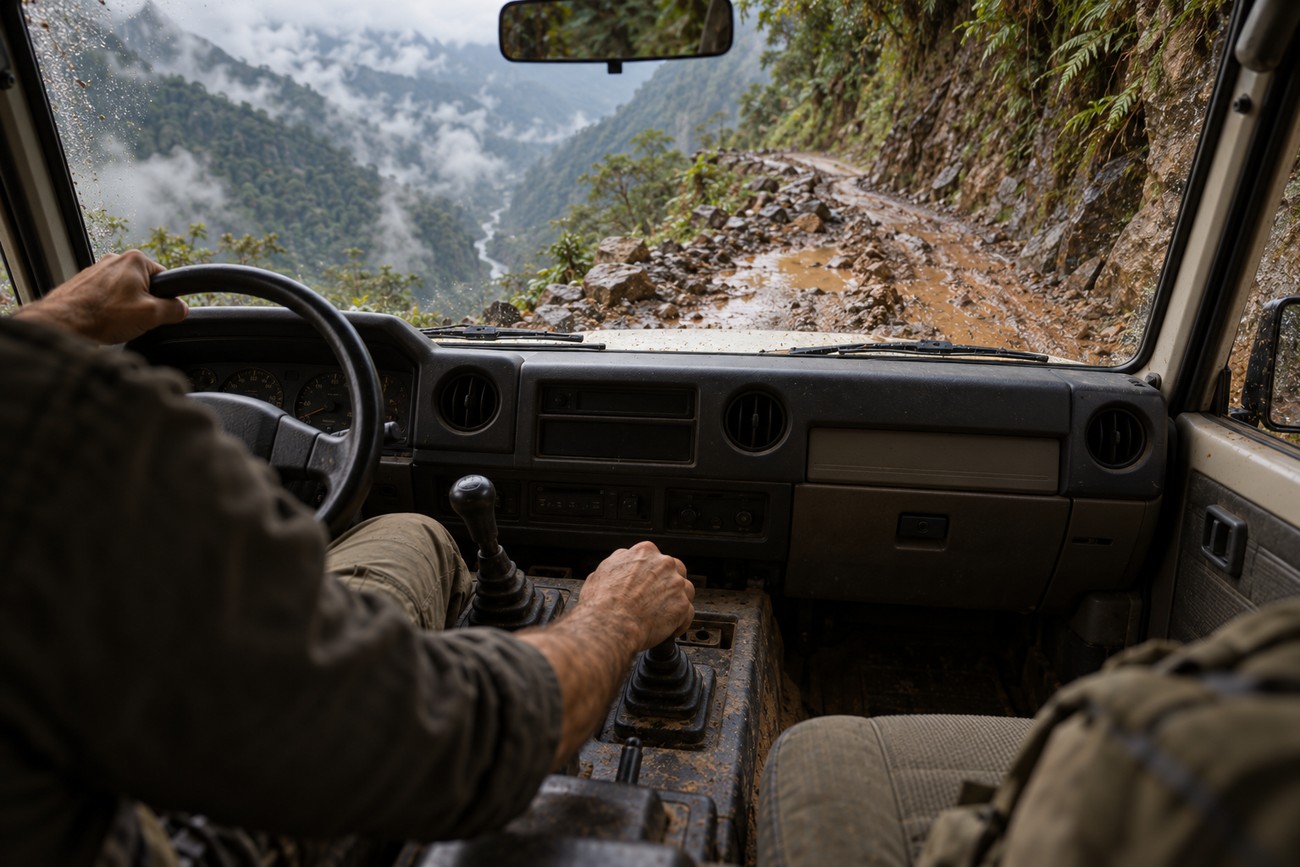 Driver navigating a muddy and rocky mountain track from the interior of a Toyota Land Cruiser on Bolivia's Death Road
