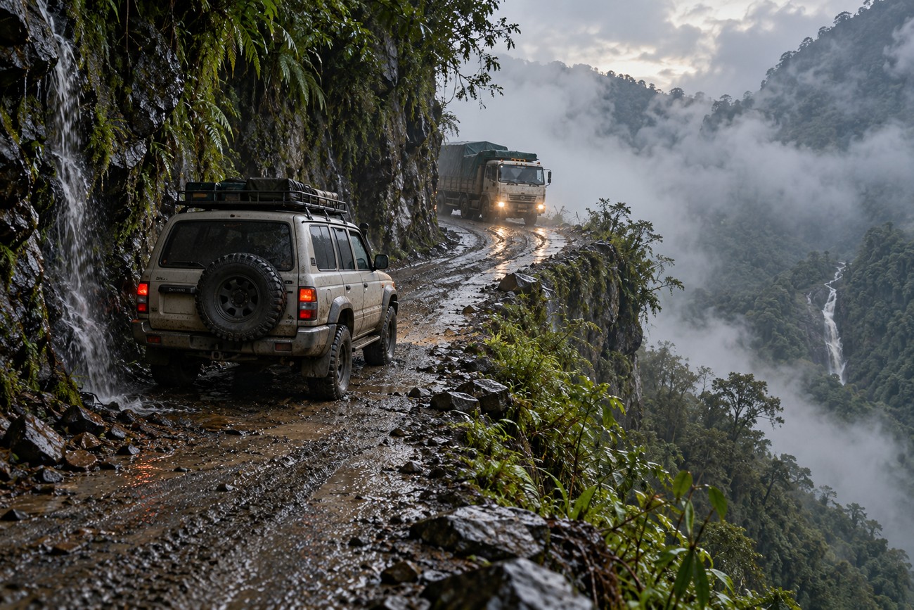 A white Toyota Land Cruiser driving on a muddy, narrow cliffside road with a truck ahead and waterfalls in the foggy mountains